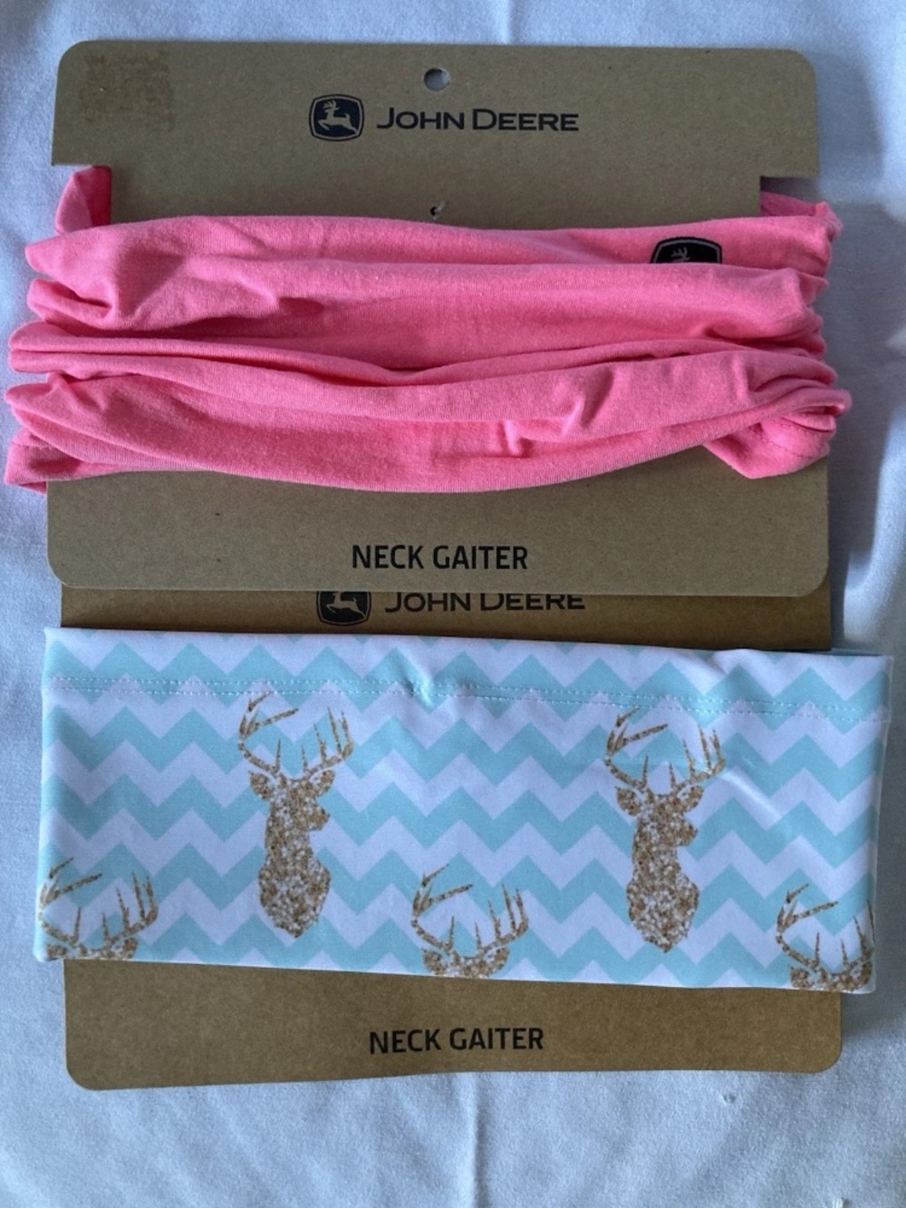John Deere Kids Neck Gaiter Duo — Pink & Light Blue Chevron with Gold Deer - Picture 1 of 2